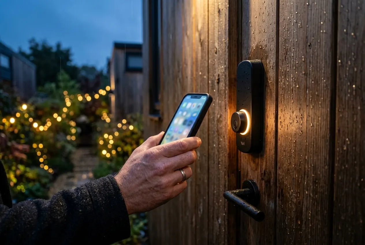 A guest holds a phone to the glowing smart lock of a timber door at dusk