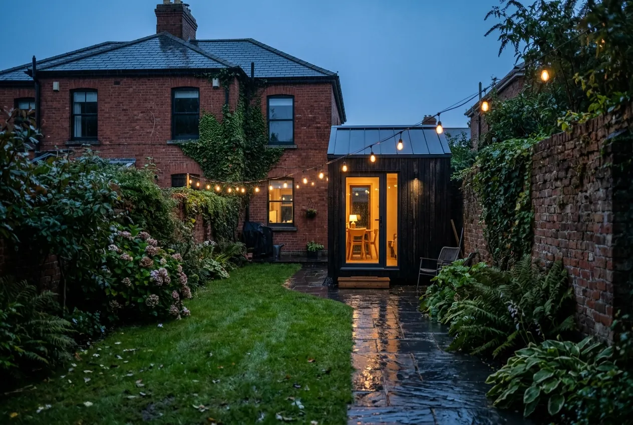 A timber garden tiny home glowing at dusk at the end of a Dublin back garden