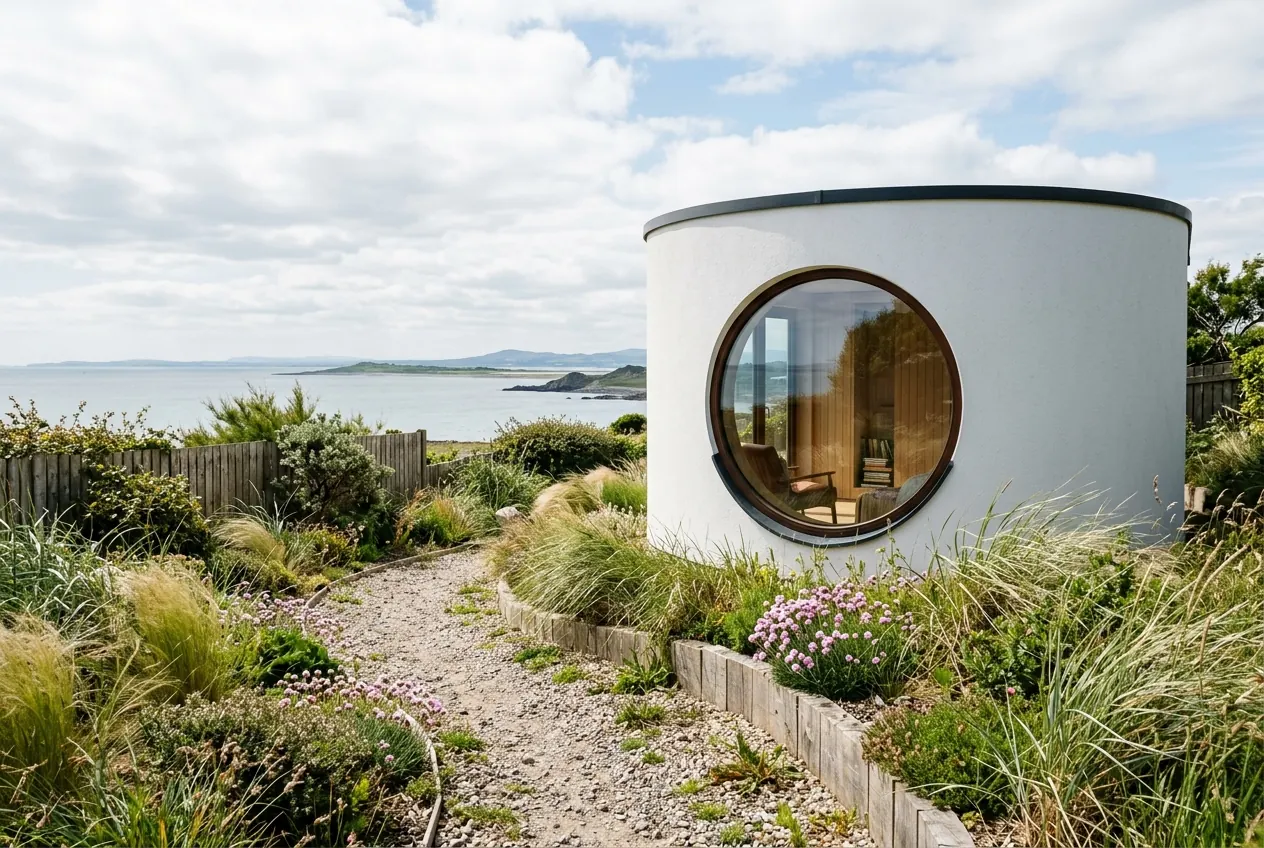White round garden pod by the sea in Clontarf