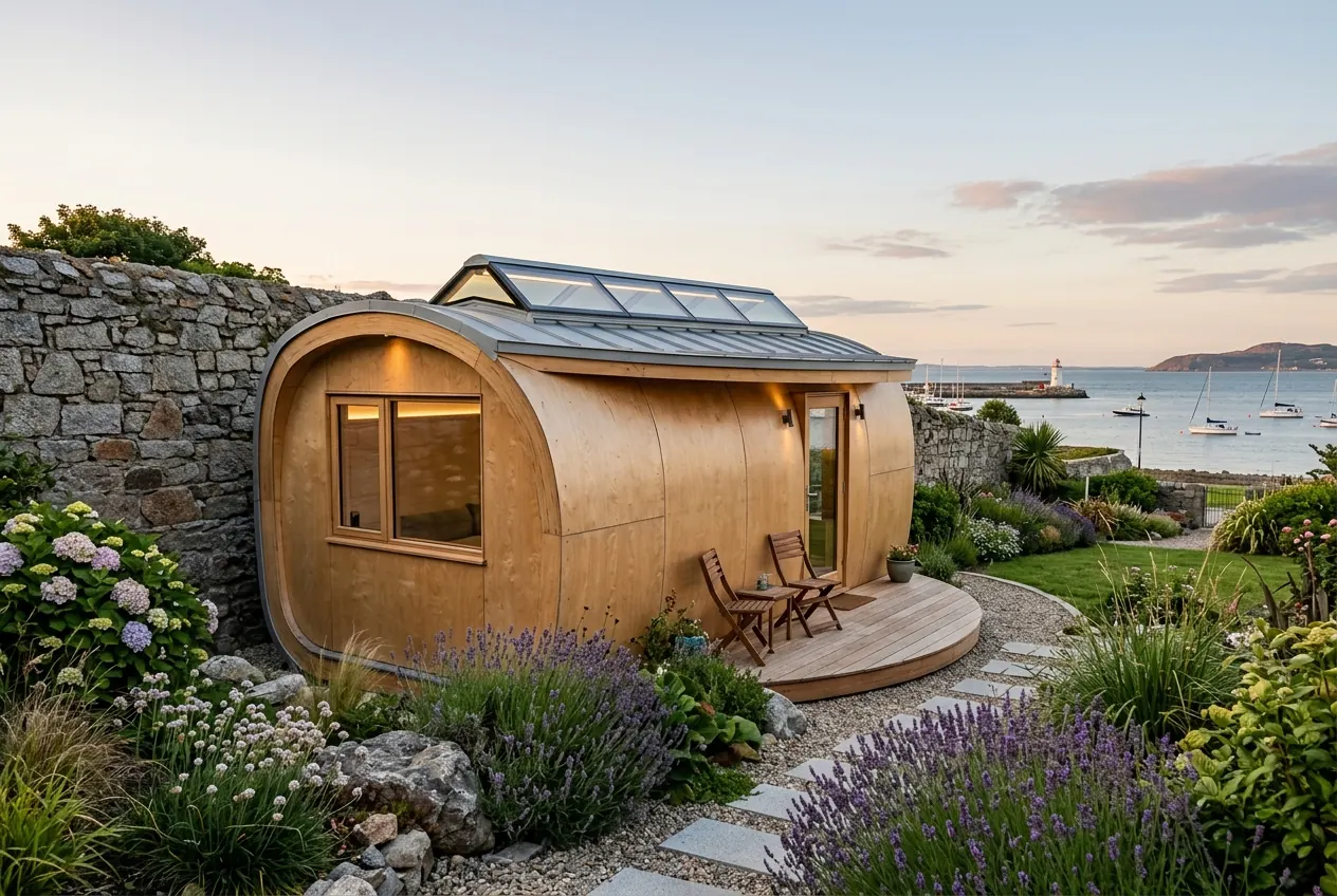 Curved birch capsule near the sea in Dún Laoghaire