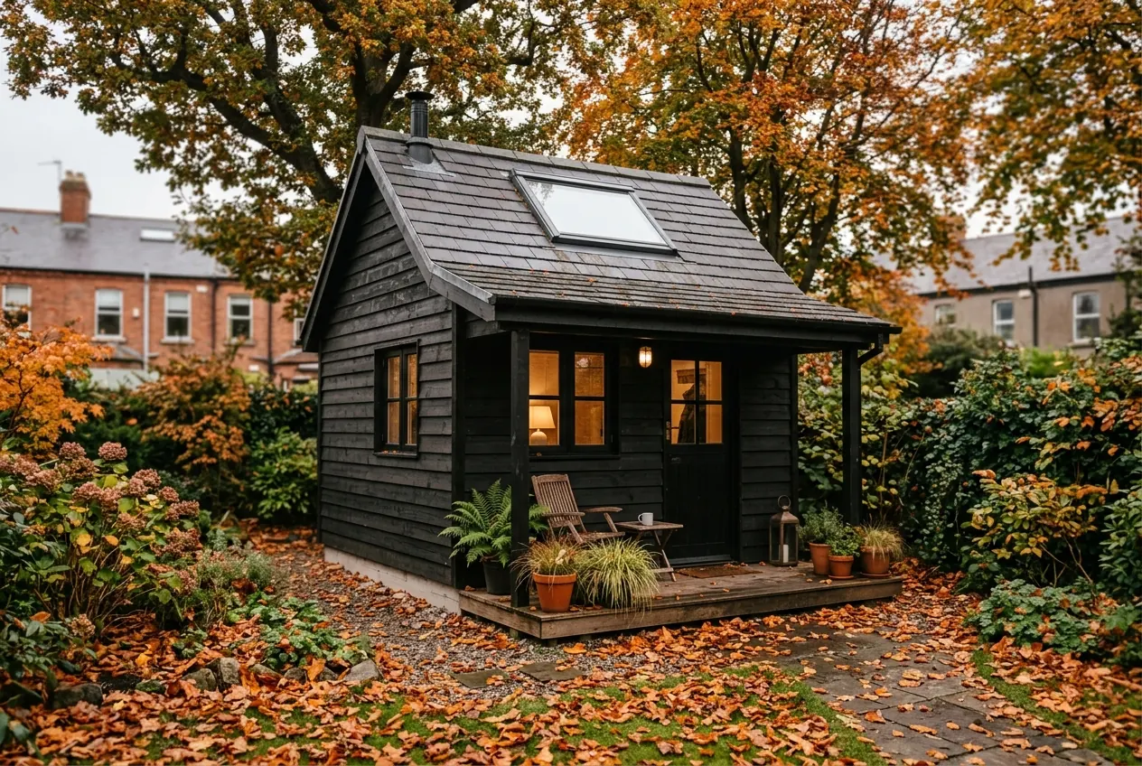 Black timber cabin in an autumn garden in Phibsborough