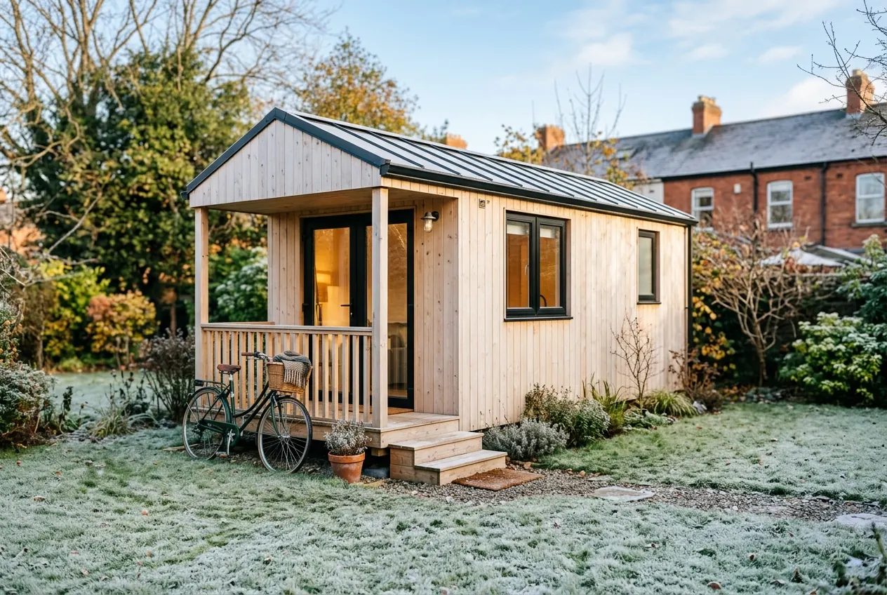 Pale wood cabin with a porch and a bicycle in Drumcondra